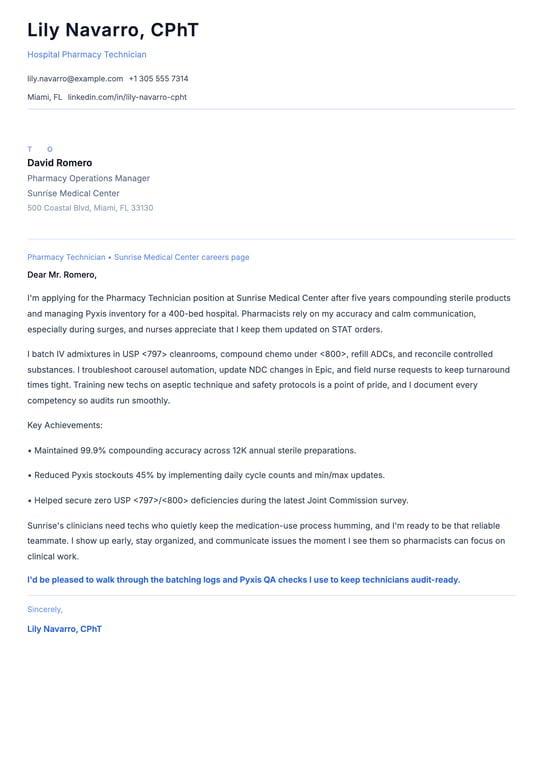 Pharmacy Technician Cover Letter Example
