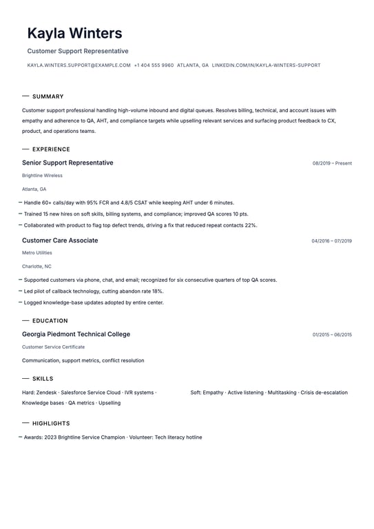 Call Center Representative Resume Example