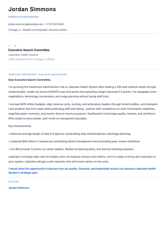 Healthcare Administrator Cover Letter Example