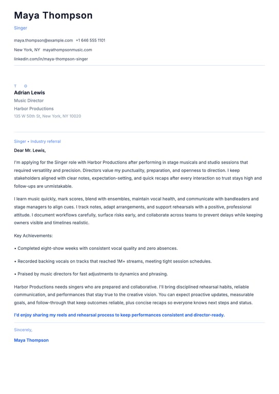 Singer Cover Letter Example