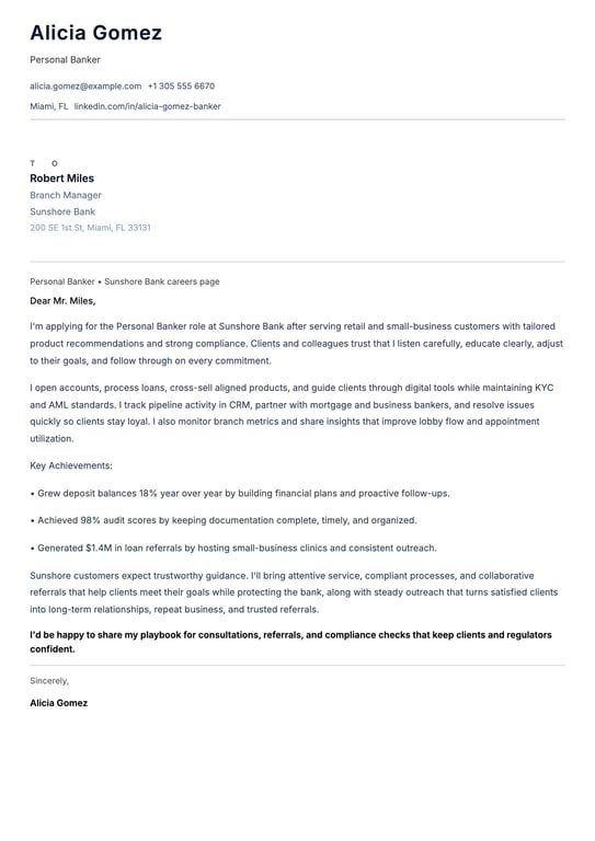 Banker Cover Letter Example