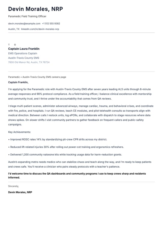 Paramedic Cover Letter Example