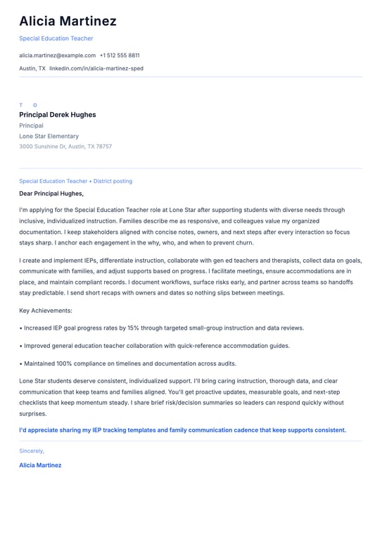 Special Education Teacher Cover Letter Example
