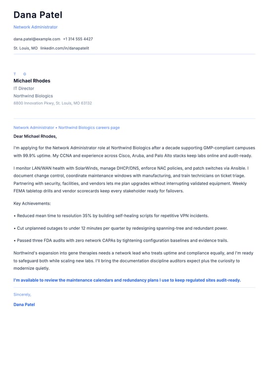 Network Administrator Cover Letter Example