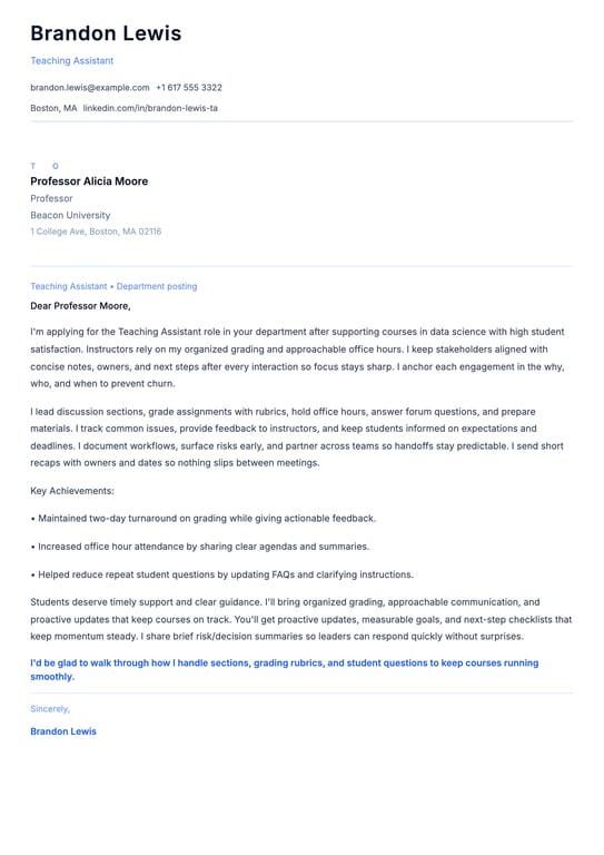 Teaching Assistant Cover Letter Example