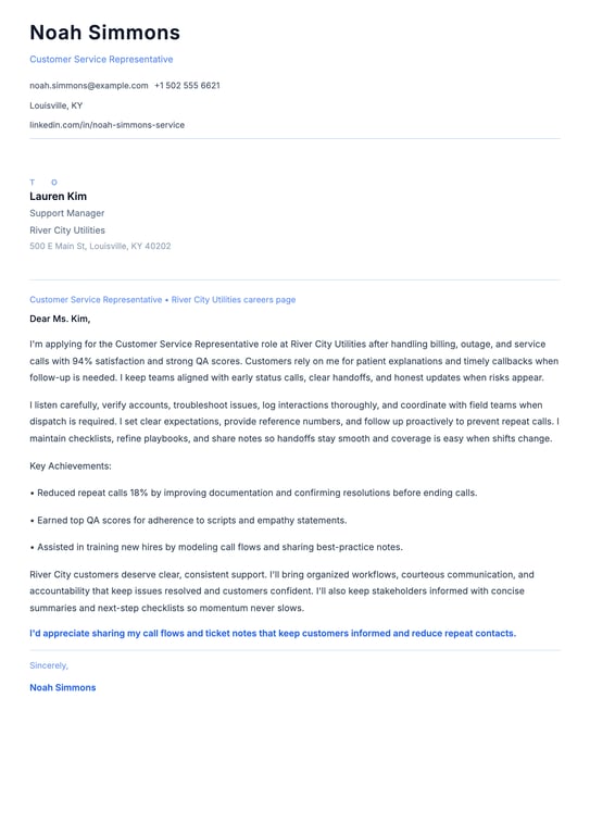 Customer Service Representative Cover Letter Example