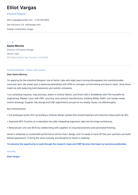 Industrial Designer Cover Letter Example