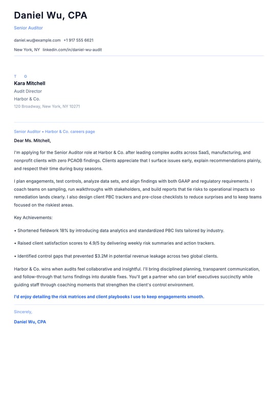 Senior Auditor Cover Letter Example