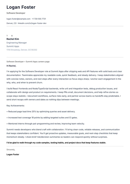 Software Developer Cover Letter Example
