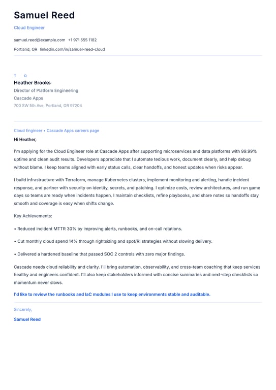 Cloud Engineer Cover Letter Example