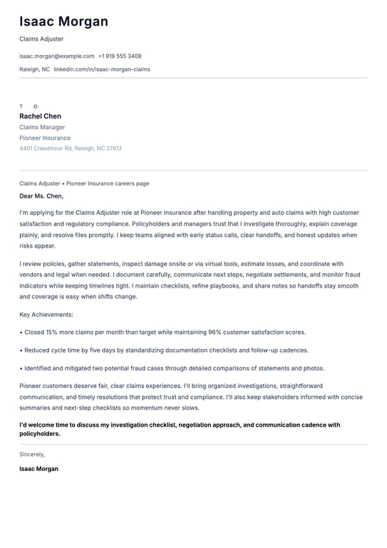 Claims Adjuster Cover Letter Example