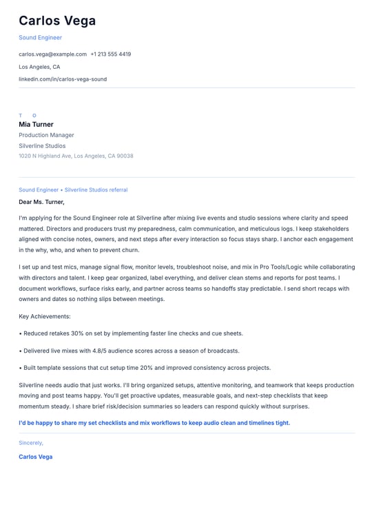 Sound Engineer Cover Letter Example