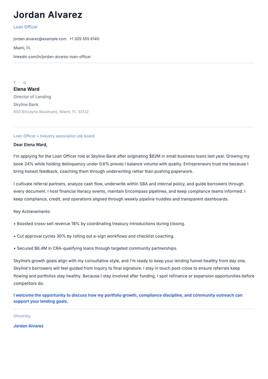 Loan Officer Cover Letter Example