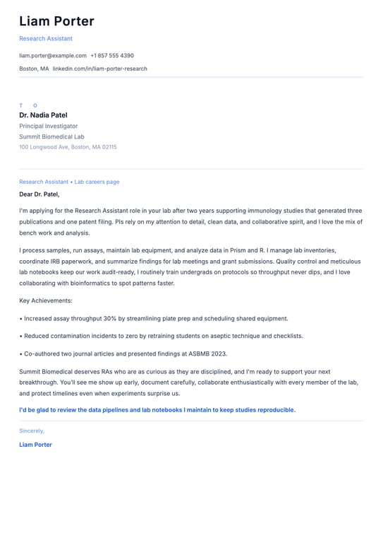 Research Assistant Cover Letter Example