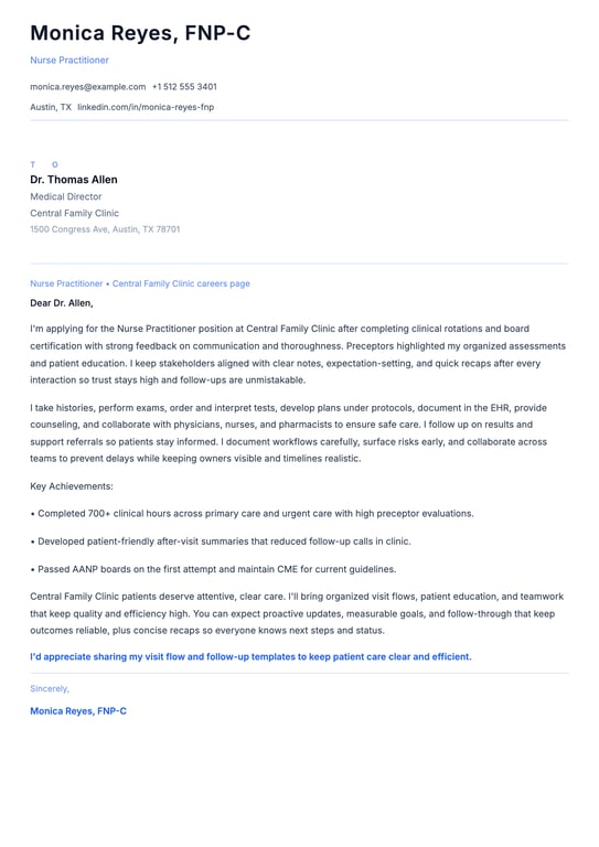 Entry Level Nurse Practitioner Cover Letter Example