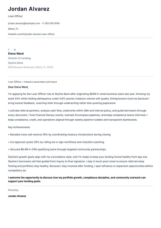Loan Officer Cover Letter Example