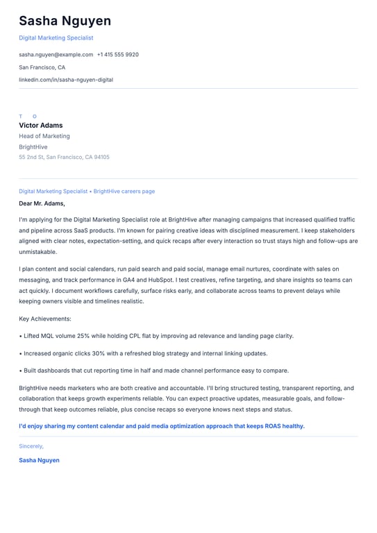 Digital Marketing Cover Letter Example