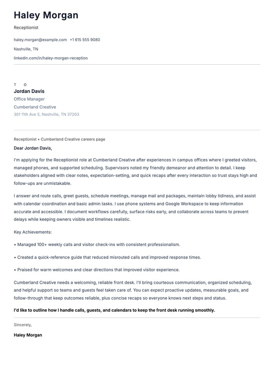 Entry Level Receptionist Cover Letter Example