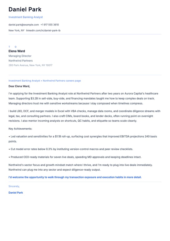 Investment Banking Analyst Cover Letter Example