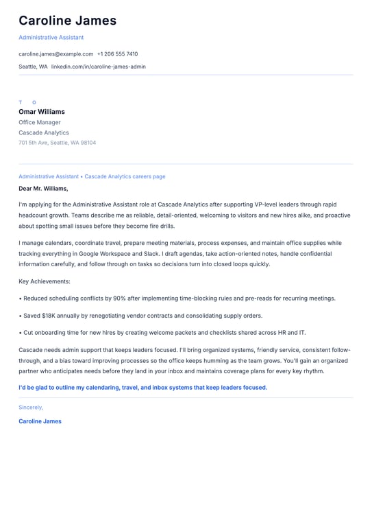 Administrative Assistant Cover Letter Example