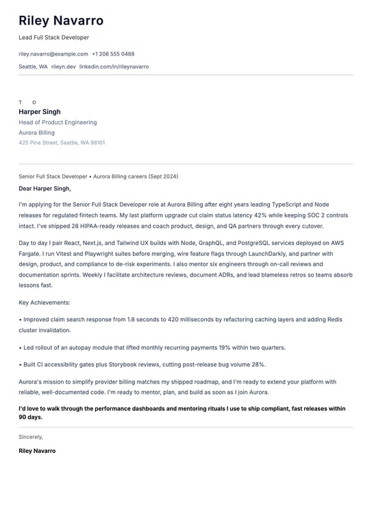 Full Stack Developer Cover Letter Example