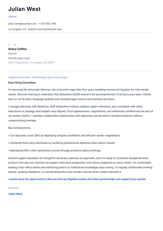 Lawyer Cover Letter Example