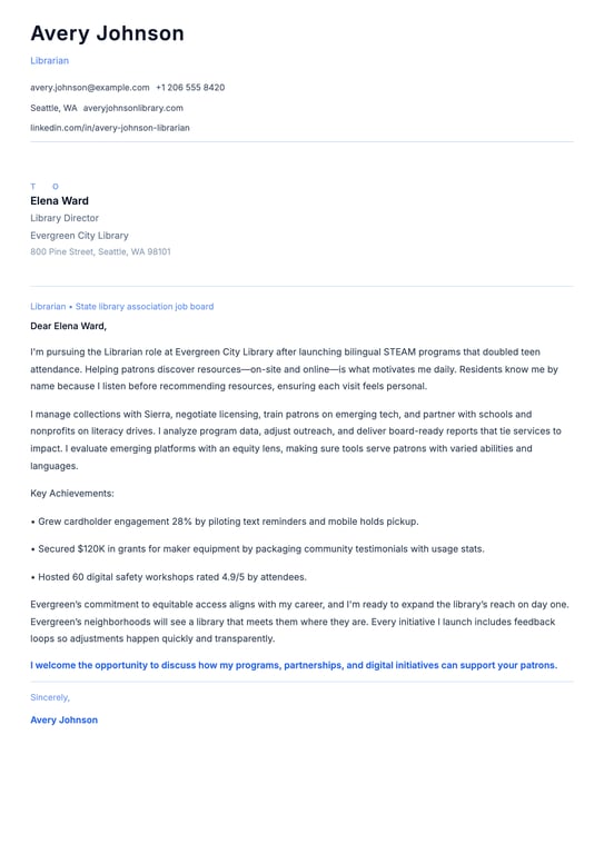 Librarian Cover Letter Example