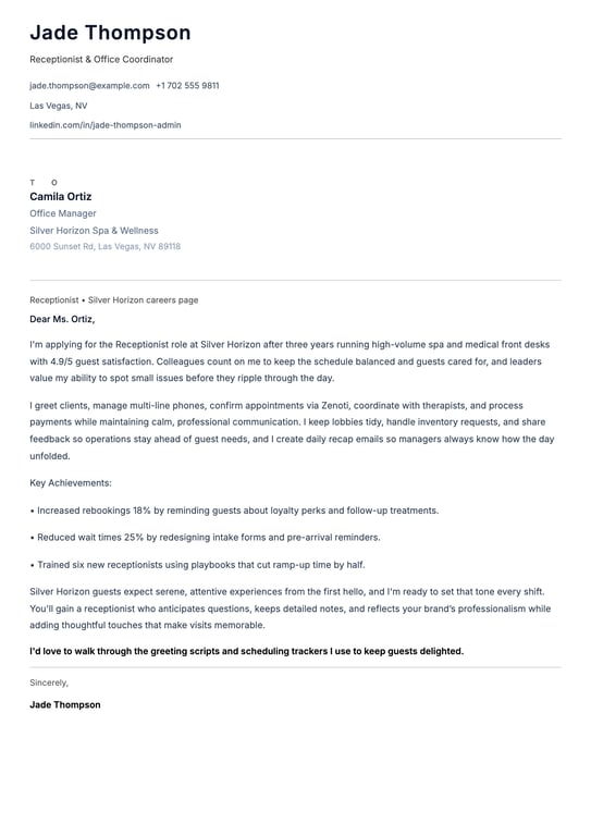 Receptionist Cover Letter Example