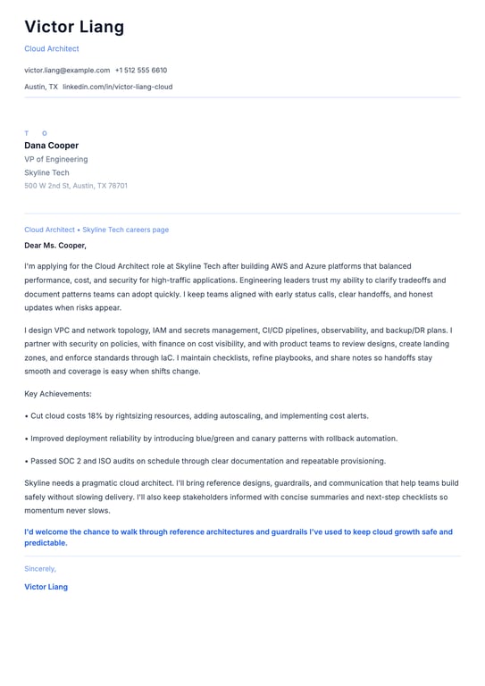 Cloud Architect Cover Letter Example