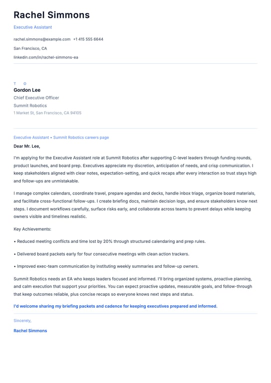 Executive Assistant Cover Letter Example