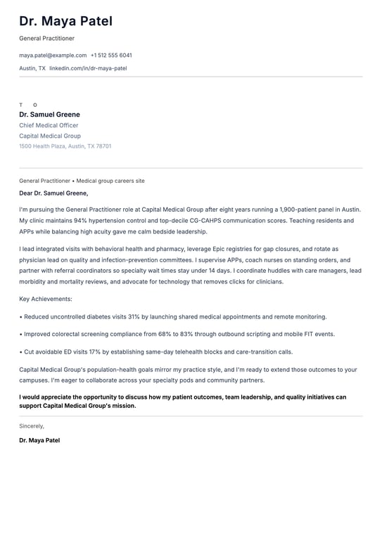 General Practitioner Cover Letter Example