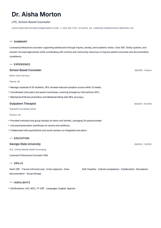 Counselor Resume Example