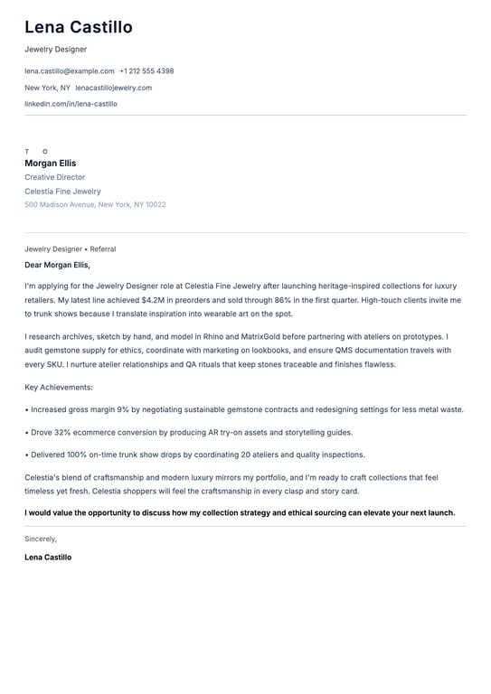 Jewelry Designer Cover Letter Example