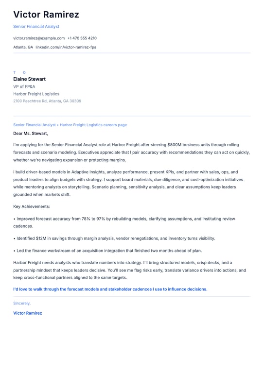 Senior Financial Analyst Cover Letter Example