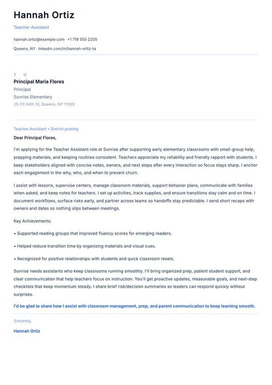 Teacher Assistant Cover Letter Example