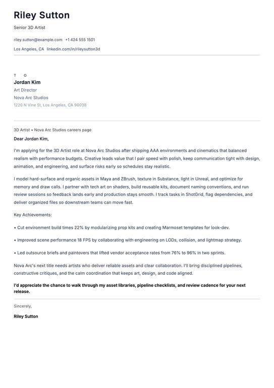 3D Artist cover letter example