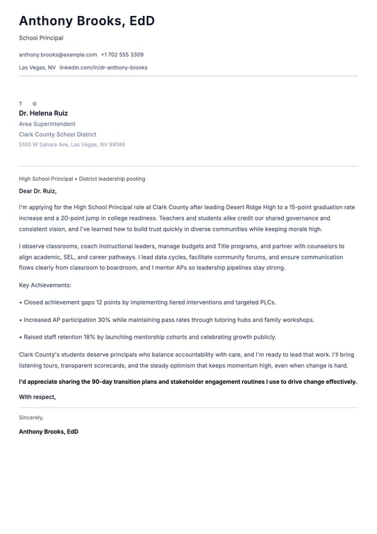School Principal Cover Letter Example