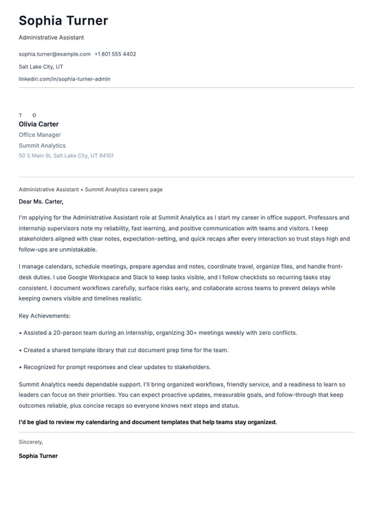 Entry Level Administrative Assistant Cover Letter Example