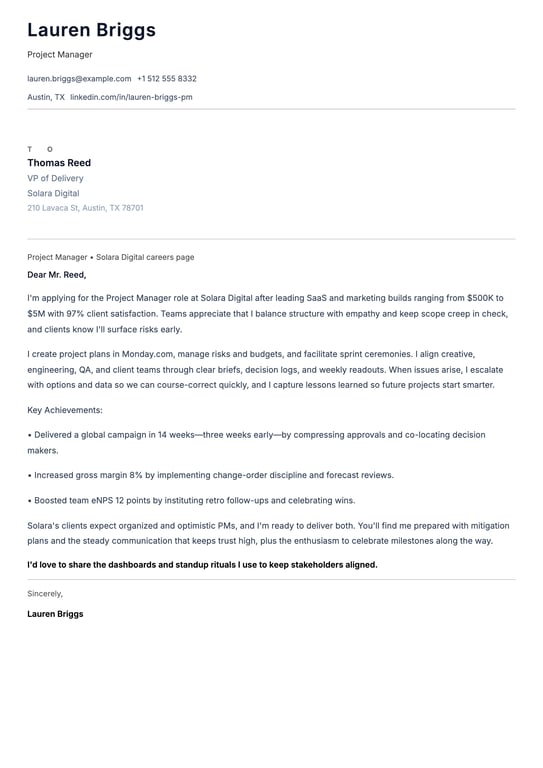Project Manager Cover Letter Example
