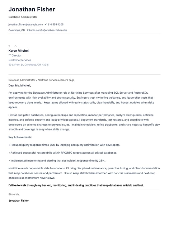Database Administrator Cover Letter Example