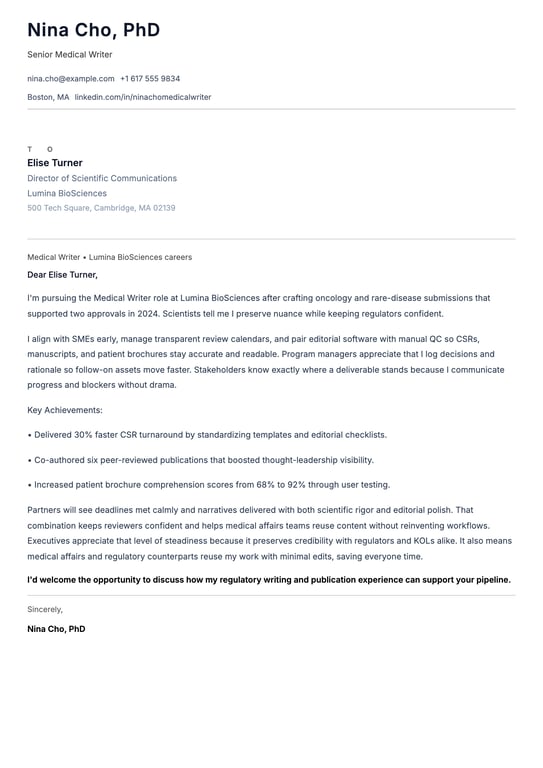 Medical Writer Cover Letter Example
