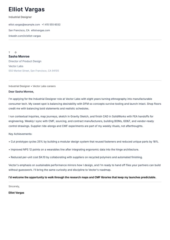 Industrial Designer Cover Letter Example