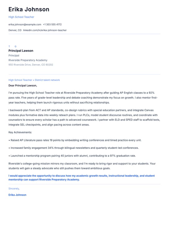 High School Teacher Cover Letter Example