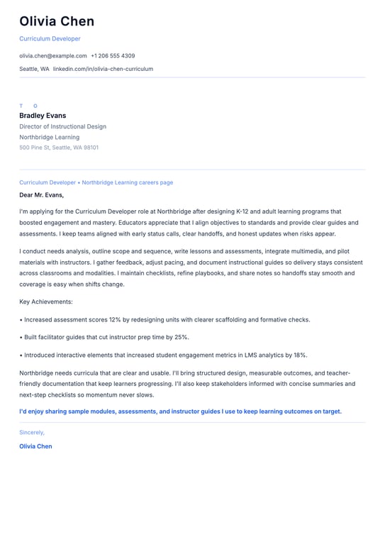 Curriculum Developer Cover Letter Example