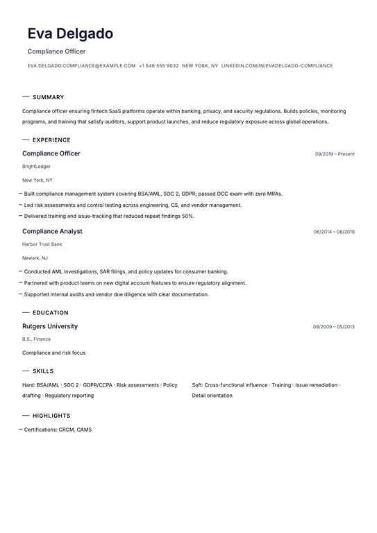 Compliance Officer Resume Example