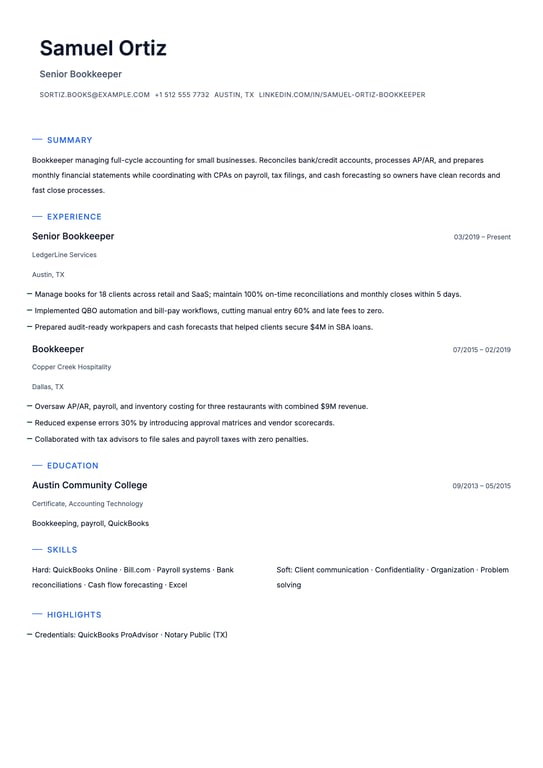 Bookkeeper Resume Example