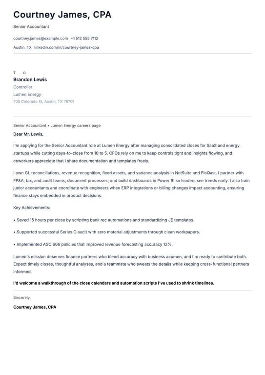 Professional Accountant Cover Letter Example