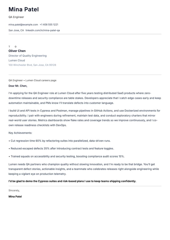 QA Engineer Cover Letter Example