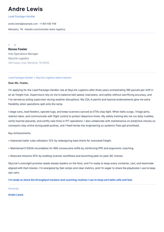 Package Handler Cover Letter Example