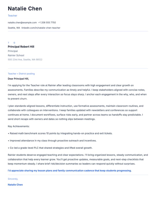 Teacher Cover Letter Example